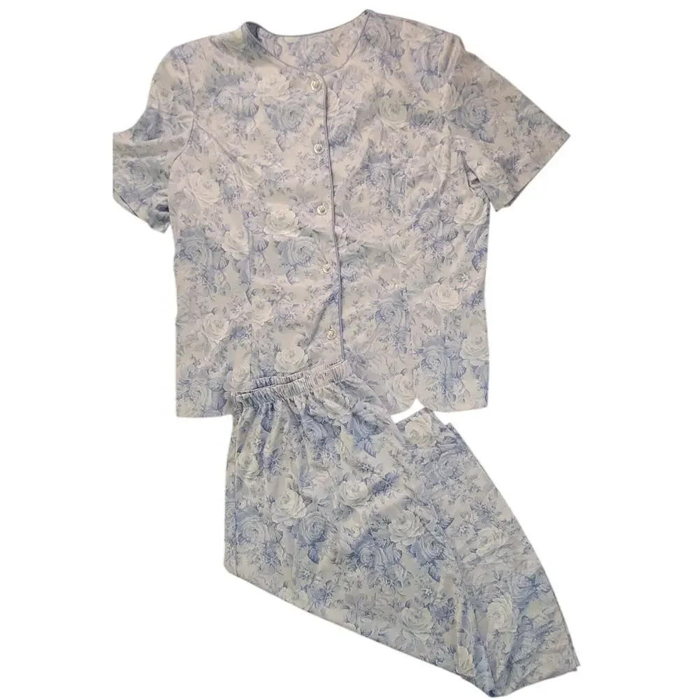 Blair Women's Blue White Floral 2 Piece Skirt Suit Set Size 16